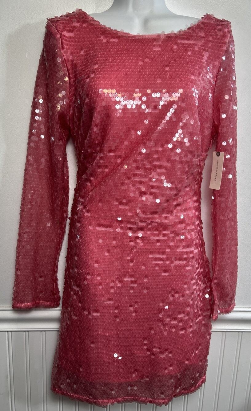 New Anthropologie Sequined Mini Dress 8 Pink Open Drape Back L/S Cocktail Party